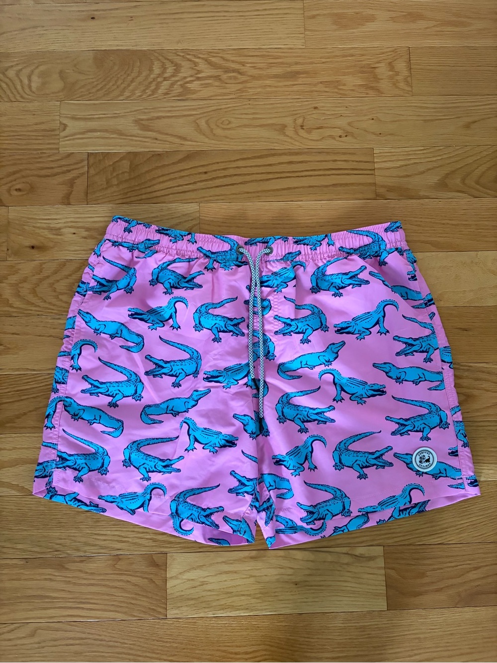 Men's Pink Swim Trunks with Blue Alligator Print
